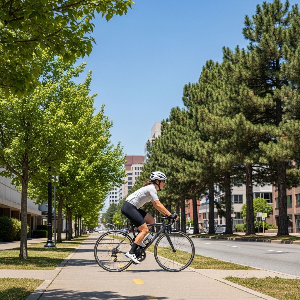 Cycliste adulte pédalant sur une piste cyclable en milieu urbain par beau temps, casque sur la tête, tenue légère, perspective de rue avec arbres en arrière-plan