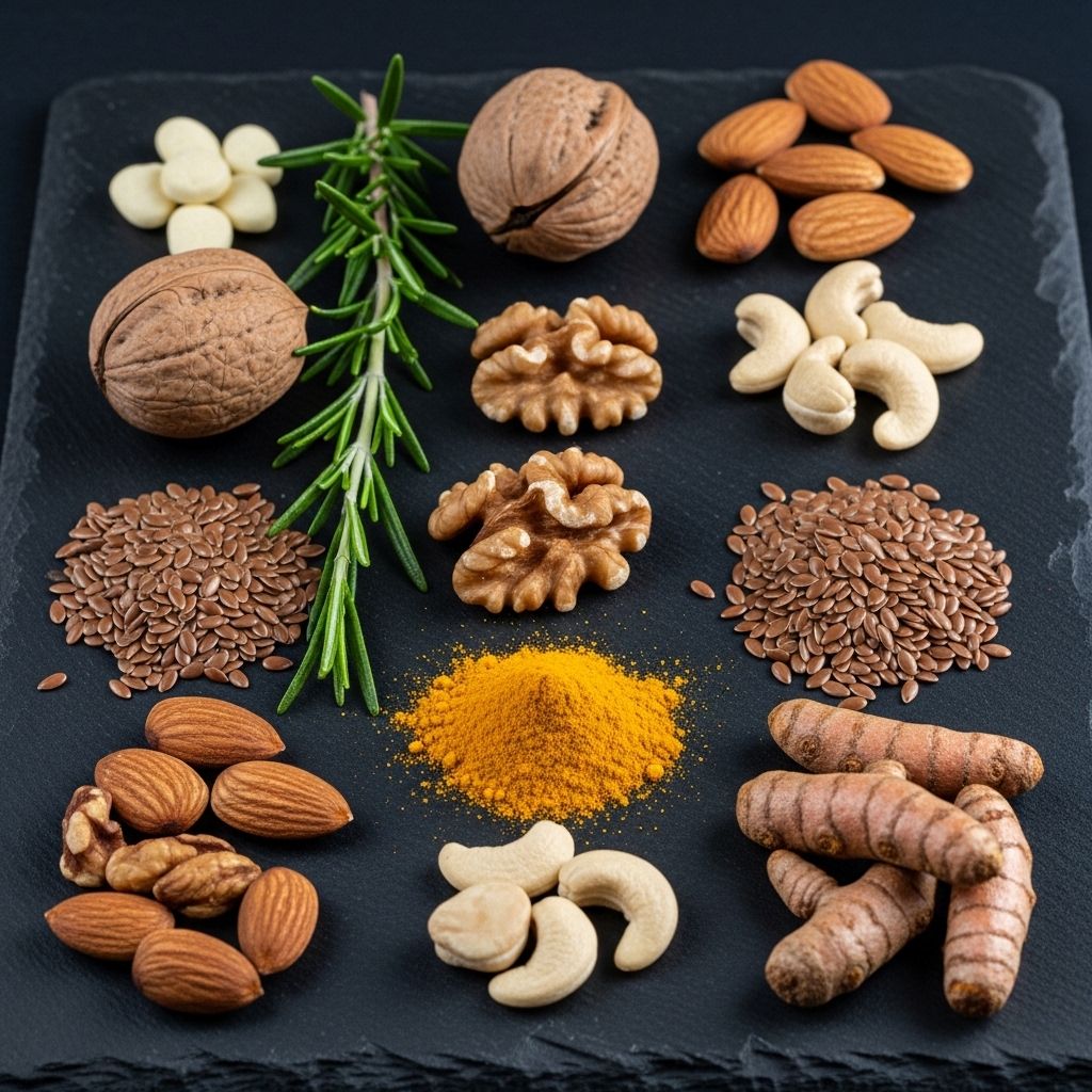 Ingrédients naturels bruts associés aux compléments alimentaires : branches de romarin, noix variées, graines de lin, curcuma en poudre et racines disposés sur une surface en ardoise sombre