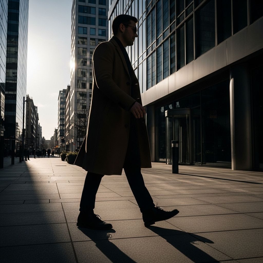 Personne marchant d'un pas tranquille sur un sentier bordé d'arbres en automne, portant des vêtements confortables de couleur neutre, lumière naturelle filtrée à travers les feuilles