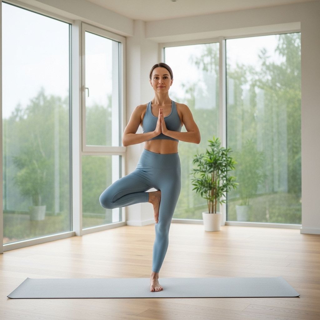 Femme pratiquant une posture de yoga debout sur un tapis dans une salle lumineuse avec de grandes fenêtres, vêtements de sport sobres, ambiance calme et concentrée